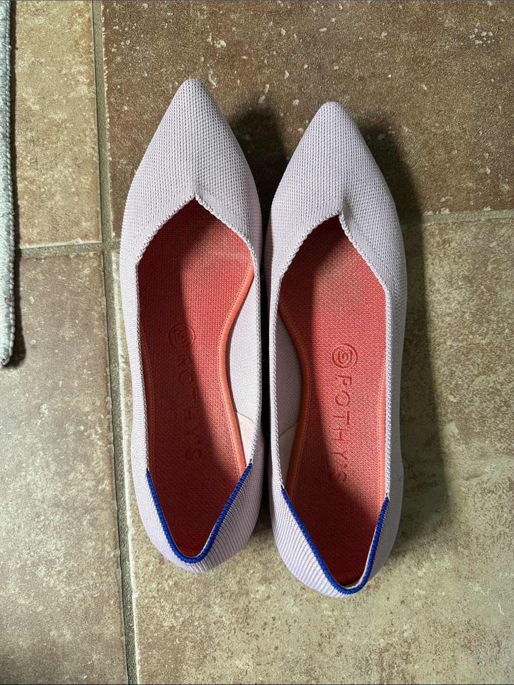 Rothy's Light Pink Pointed Knit Flats with Coral Insole and Blue Trim